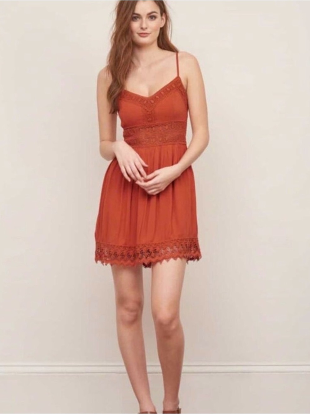 SOLD Abercrombie & Fitch Burnt Orange Mini Dress with Lace Macrame